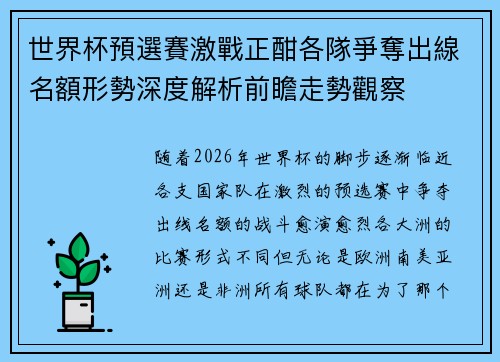 世界杯預選賽激戰正酣各隊爭奪出線名額形勢深度解析前瞻走勢觀察